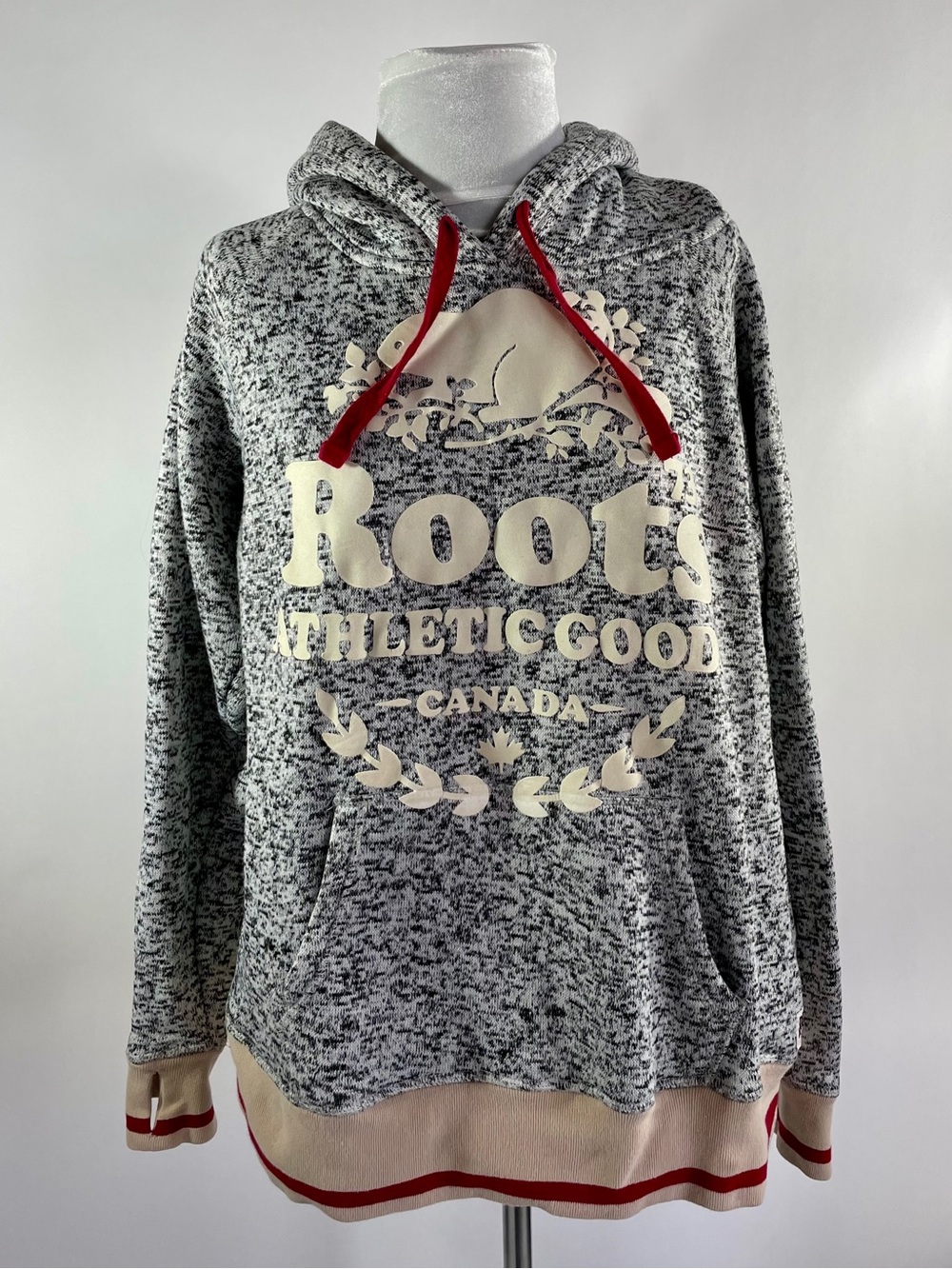 Roots Canada Grey Speckled Hoodie LG | Athletic Goods Logo Pullover Cozy NWOT